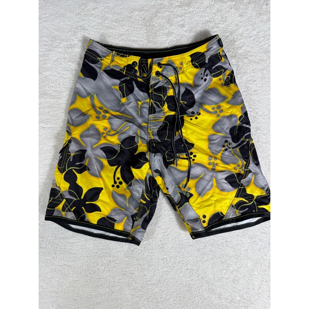 Rusty Board Shorts Men 26 Yellow Black Floral Tropical Surf Swim Trunks Wax Comb
